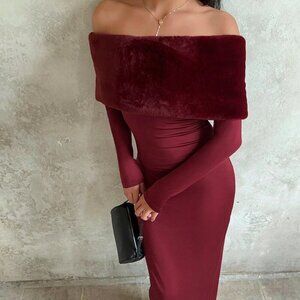 Burgundy Party Women's Luxury Faux Fur Collar Bodycon Backless Slit Dress